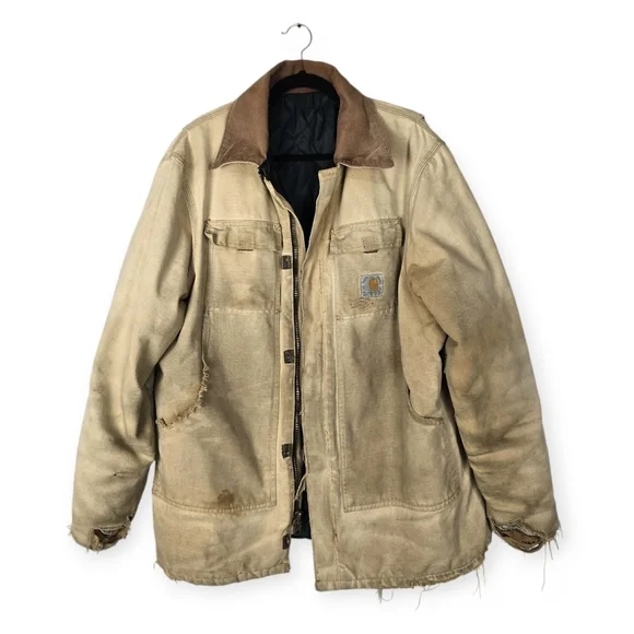 Vintage Carhartt Thrashed Worn In Faded Arctic Duck Canvas Chore Coat - Picture 1 of 16